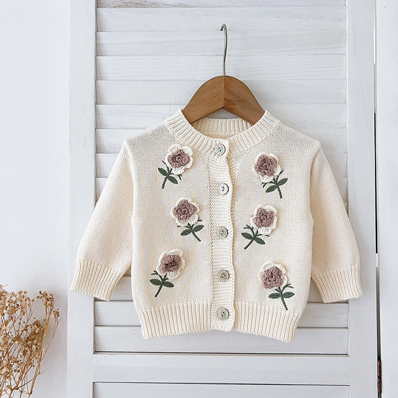 Arrival Baby Girls Comfortable Flowers Embroidery Pattern Knitted Long Sleeves Cardigan