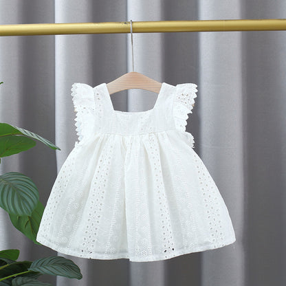 Summer Hot Selling Baby Kids Girls Hollow Out Flowers Pattern Fly Sleeves Square Neck Princess Dress