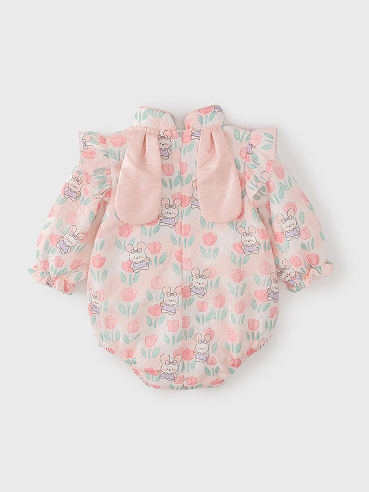 Autumn New Arrival Baby Girls Flowers and Rabbits Pattern Long Sleeves Onesies with Stand Collar