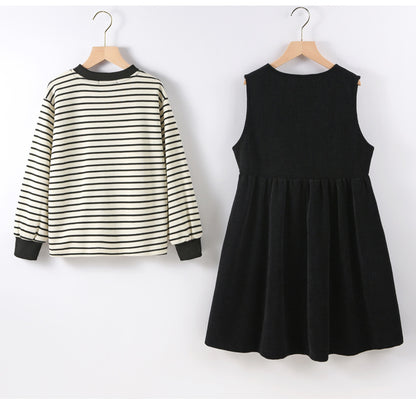 Girls Striped Pullover Tops Black Dress Sets