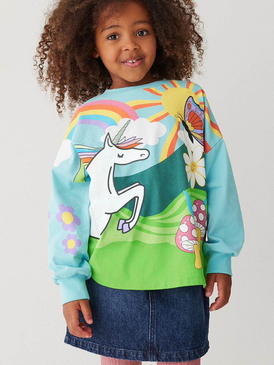 Arrival Autumn Girls’ Vivid Unicorn Cartoon Long Sleeves T-shirt in European and American Style