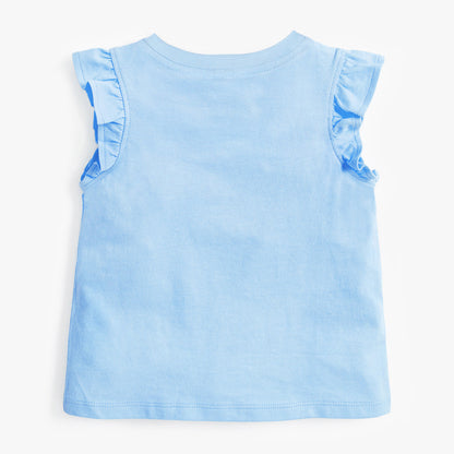 Crew Neck Rabbit Cartoon Print Ruffle Sleeveless Girls’ T-Shirt