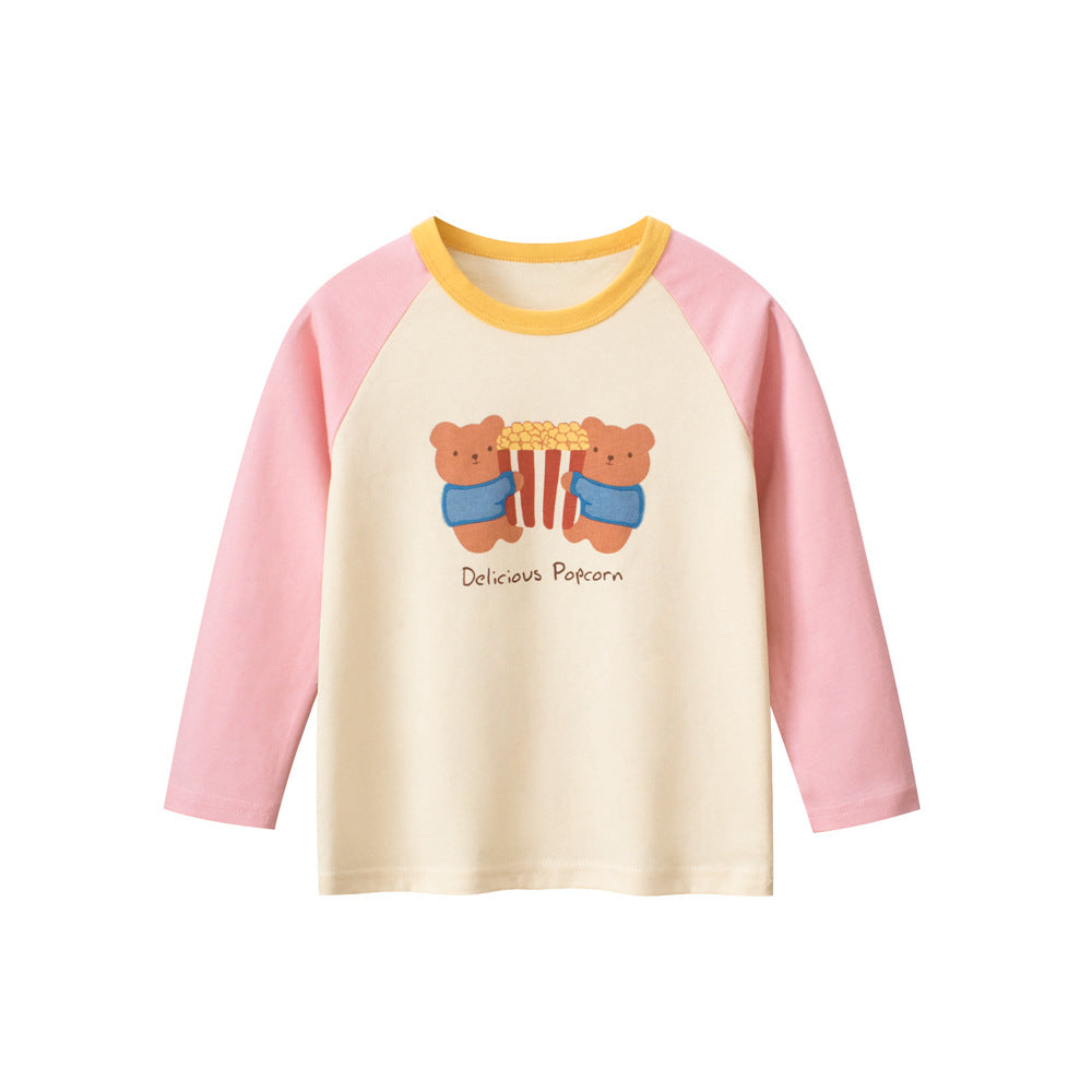 Kids Girls Animals Cartoon Print Crew Neck Long Sleeves Color Patchwork Shirt