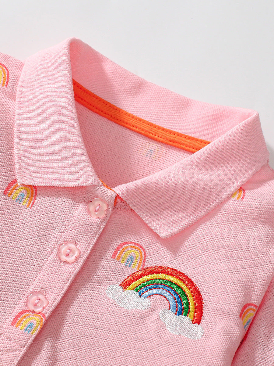 Best Selling Autumn Girls Rainbow Pattern Turn-down Collar Long Sleeves Polo Dress