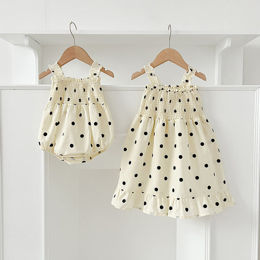 New Design Summer Girls Polka Dots Sleeveless Strap Onesies And Dress – Sister Matching Clothing Set