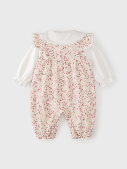 Autumn New Arrival Baby Girls Flowers Pattern Single Breasted Romper with Cute Collar