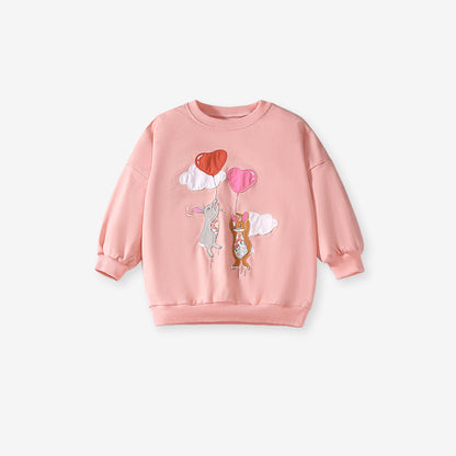 Spring and Autumn Girls Cartoon Rabbit and Balloon Pattern Long Sleeves Crew Neck Top Sweatshirt and Polka Dots Pants Clothing Set