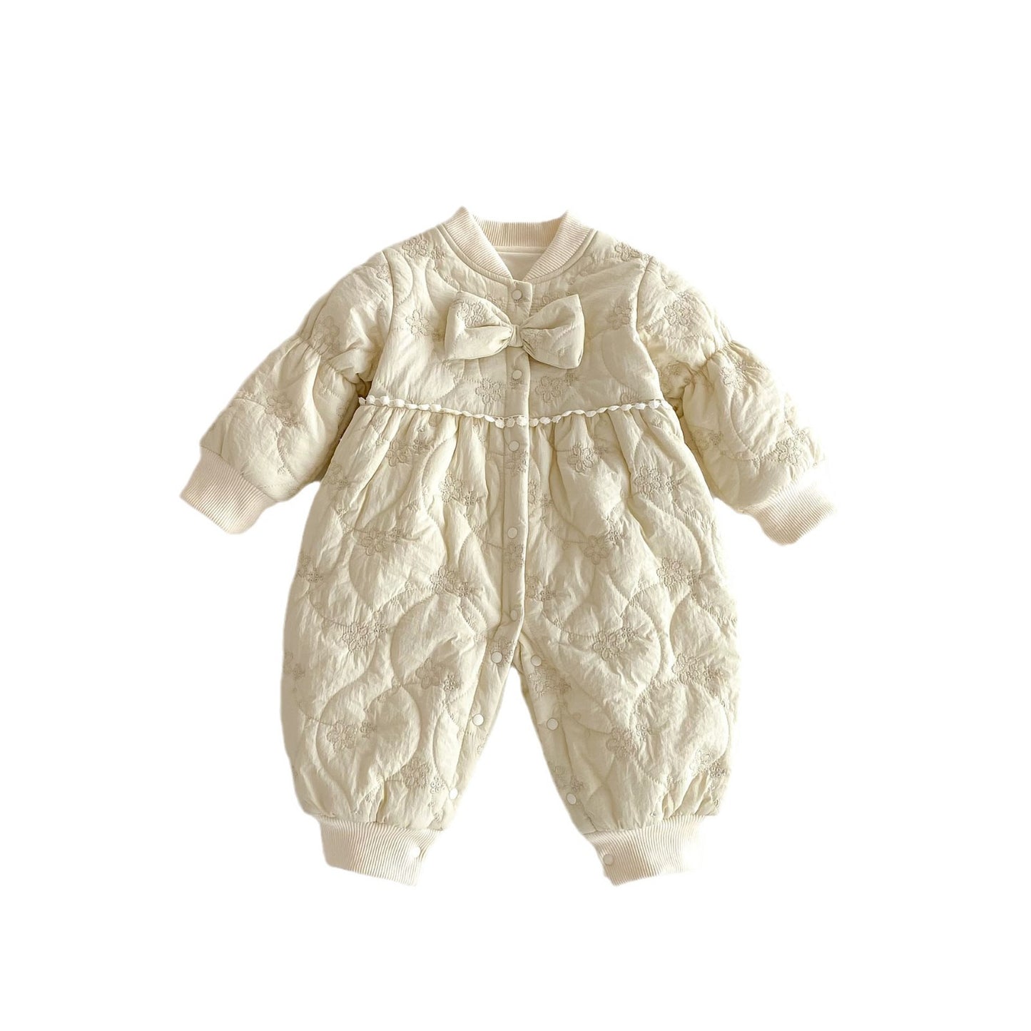 Winter New Arrival Baby Girls Simple Solid Color Floral Embroidered Pattern Warm Padded Thick Romper