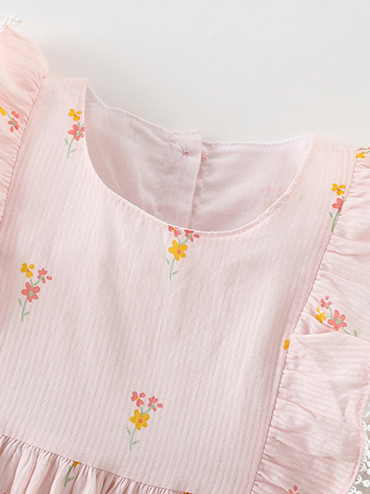 Summer New Arrival Baby Kids Girls Sleeveless Floral Print Round Neck Pink Dress