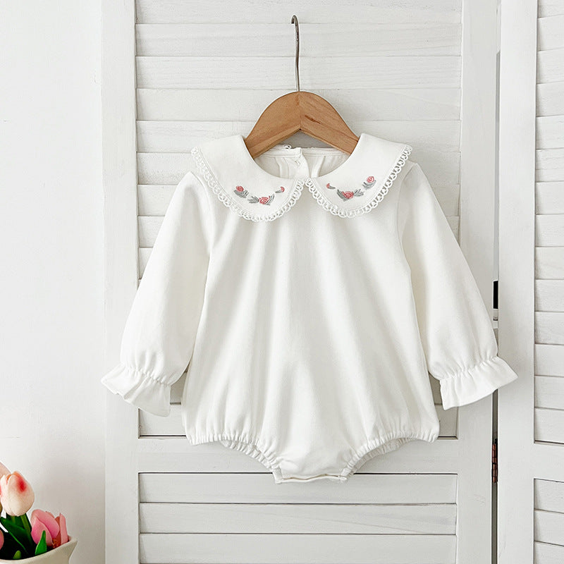 Spring Arrival Baby Girls Long Sleeves Floral Embroidered Peter Pan Collar Onesies