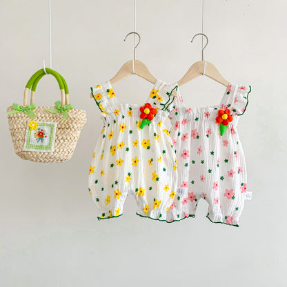 New Design Summer Baby Kids Girls Flowers And Stars Pattern Sleeveless Strap Romper