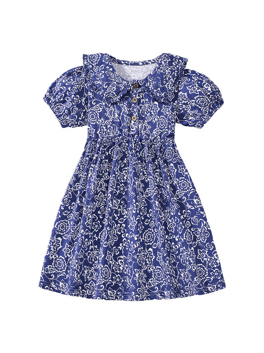 Summer Floral Dress for Girls, European and American Vintage Flowers Printed Dress