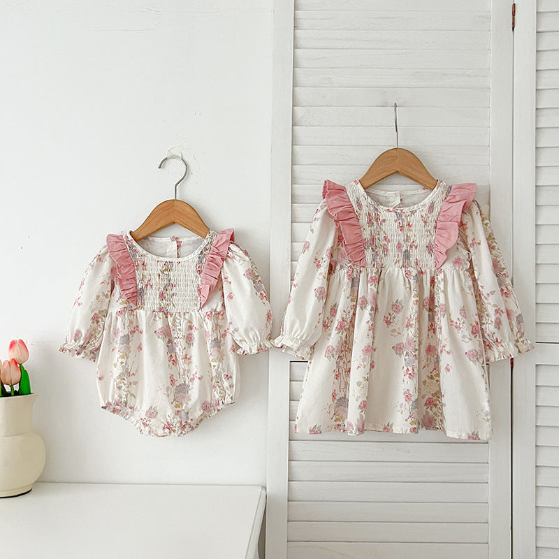 New Arrival Autumn Pink Floral Print Baby Kids Girls Crew Neck Onesies and Dress – Princess Sister Matching Set