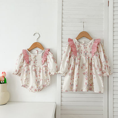 New Arrival Autumn Pink Floral Print Baby Kids Girls Crew Neck Onesies and Dress – Princess Sister Matching Set