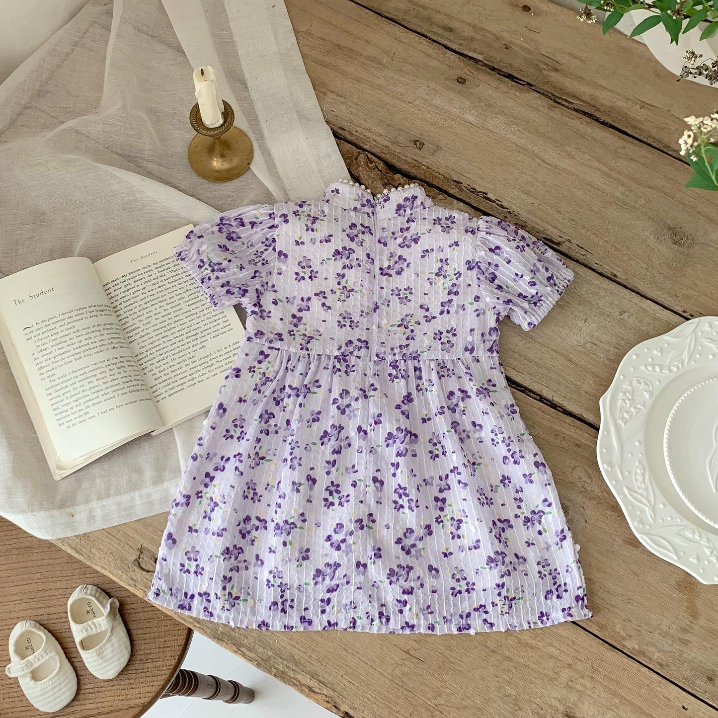 New Arrival Summer Girls Dense Floral Pattern Short Sleeves Beaded Design Dress