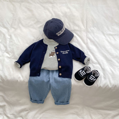 Autumn Baby Kids Boys Letters Embroidery Pattern Knitted Crew Neck Cardigan (Solo), Denim Pants and Striped Shirts