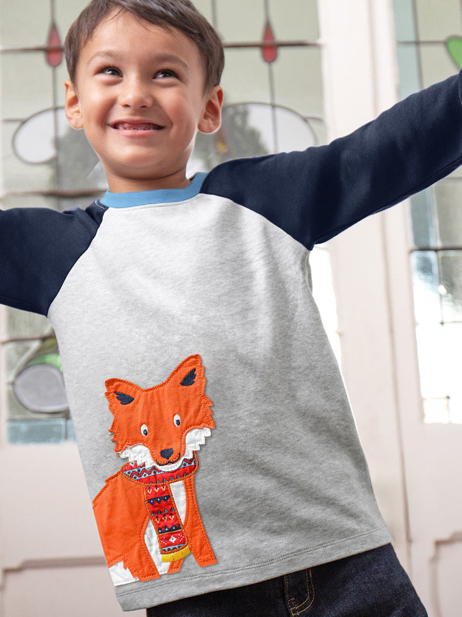 Arrival Autumn Kids’ Fox Cartoon Pattern Appliqué Embroidery Long Sleeves T-Shirt In European And American Style