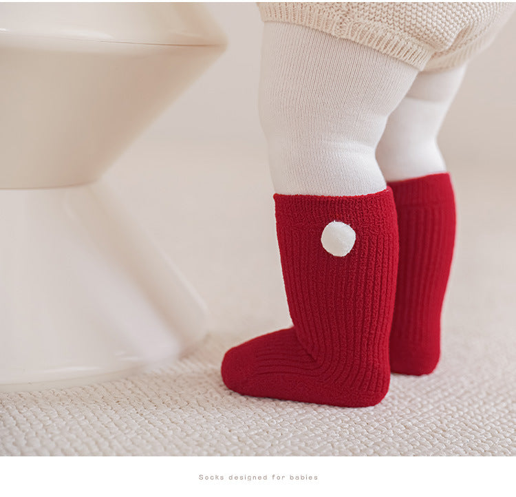 Warm Boneless Children’s Fleece-lined Socks for Autumn and Winter, Thickened and Festive Red