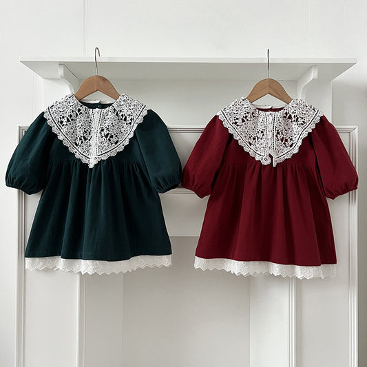 Vestido vintage de manga larga con cuello de encaje calado para niñas y bebés de otoño 