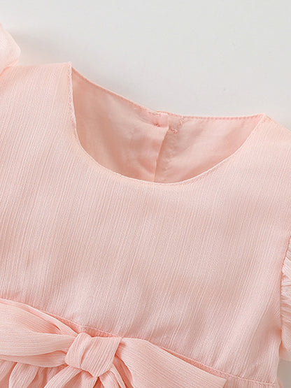 Summer New Arrival Girls’ Simple Plain Pink Short Sleeves Bow Tied Dress