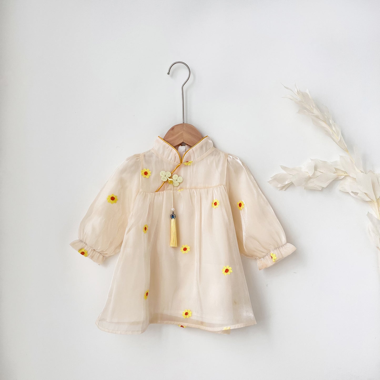 Arrival Autumn Girls Daisy Flowers Pattern Stand Collar Long Sleeves Tulle Patchwork Princess Dress