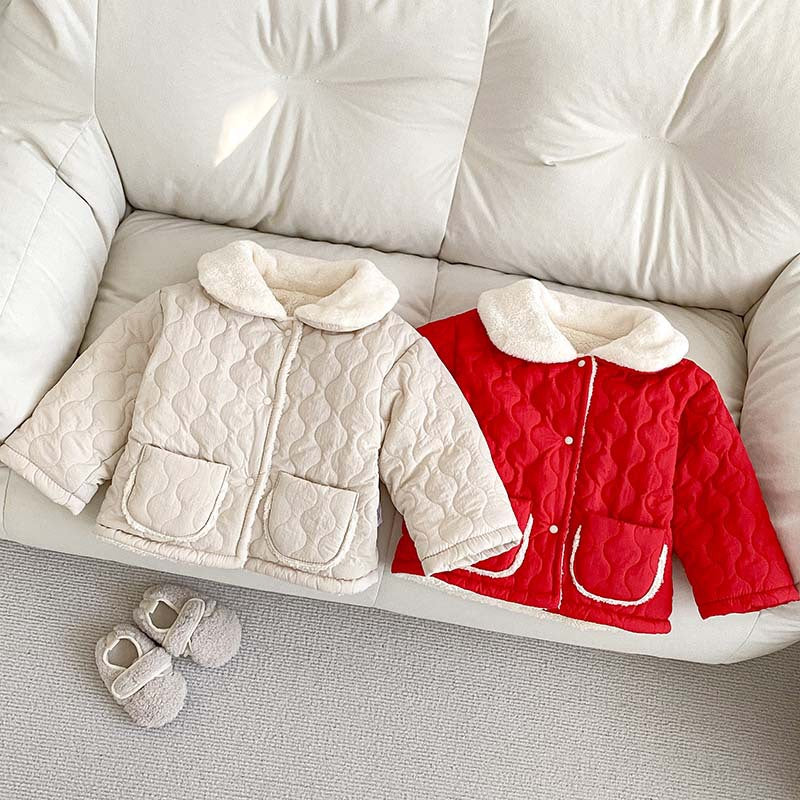 Arrival Baby Kids Girls Color Patchwork Single Breasted Thick Fleece-inside Coat