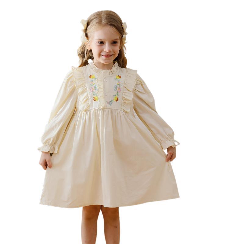 Arrival Autumn Girls Simple Ruffle Neck Long Sleeves Vine and Flowers Pattern Dress