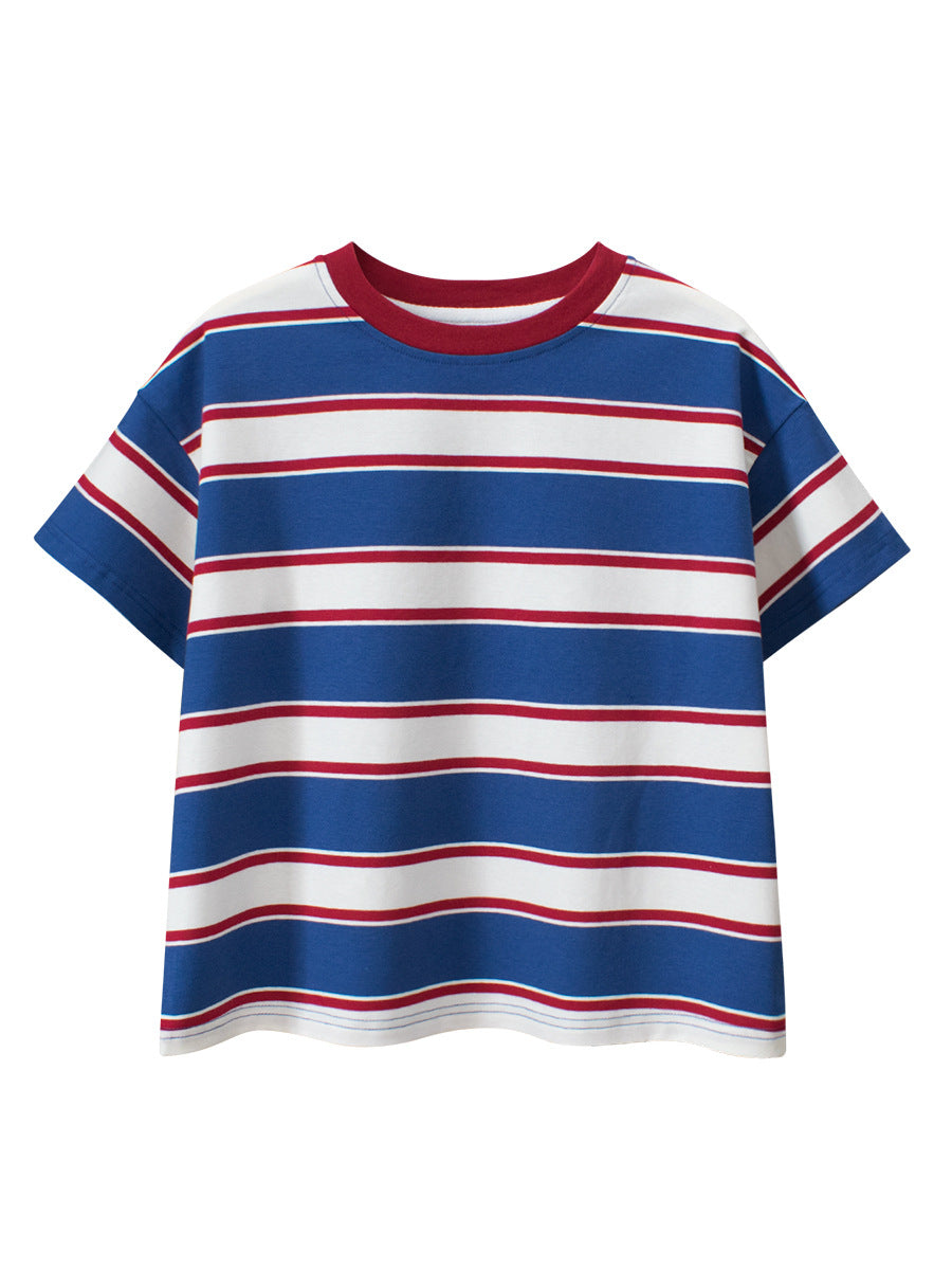 Summer New Arrival Children Boys And Girls’ Vintage Striped Loose Short Sleeves T-Shirt In European And American Style For Summer