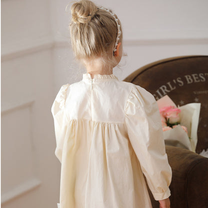 Arrival Autumn Girls Ruffle Neck Long Sleeves Flowers Embroidery Dress