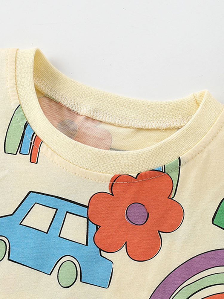 Boys’ Cartoon Rainbow Cars Pattern Short Sleeves T-Shirt In European And American Style For Summer