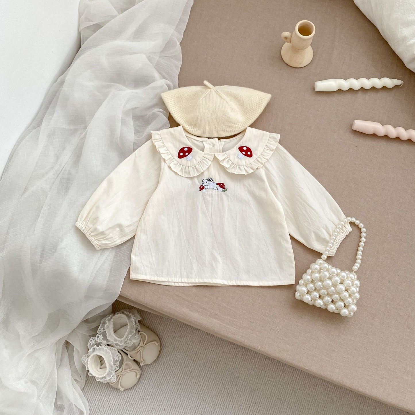 Autumn New Arrival Baby Kids Girls Comfortable Simple Rabbits and Vegetable Pattern Long Sleeves Top Shirt with Collar