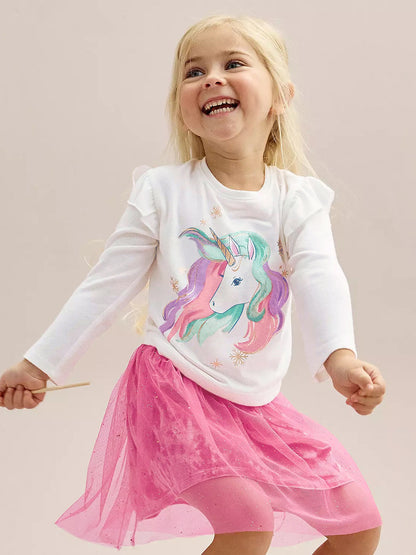 Spring And Autumn Girls Fashion Unicorn Pattern Long Sleeves Crew Neck Top Shirt And Tulle Skirt Clothing Set