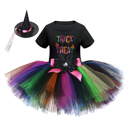 Arrival Girls’ Halloween Costume: Short Sleeves Cartoon Print Witches Cosplay Party Tulle Patchwork Dress with Hat Set