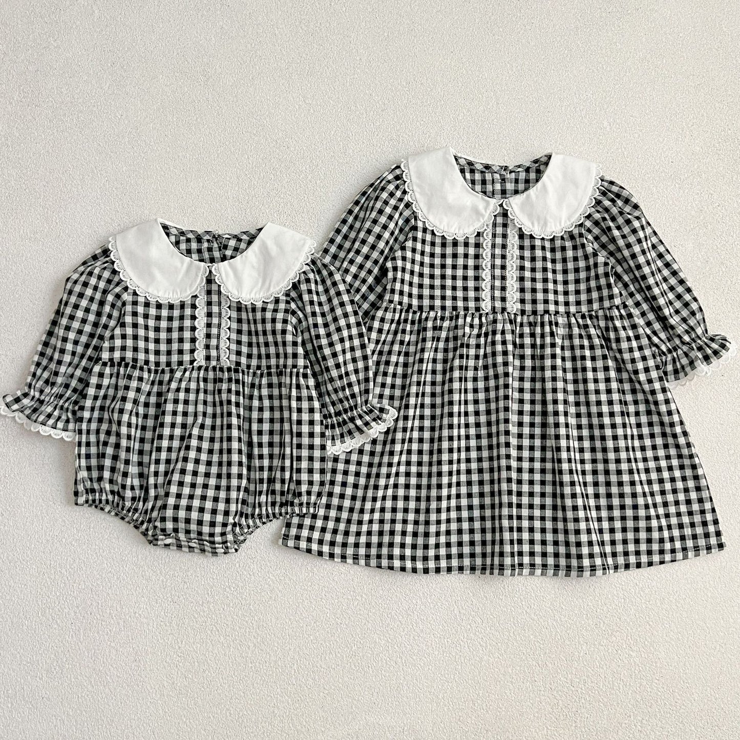 New Spring/Autumn Baby Black Plaid Onesies And Dress For Girls With Long Sleeves – Family Sister Matching Set