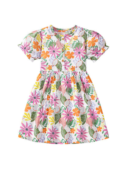 Summer Colorful Floral Dress for Girls, European and American Cute Flowers Printed Dress