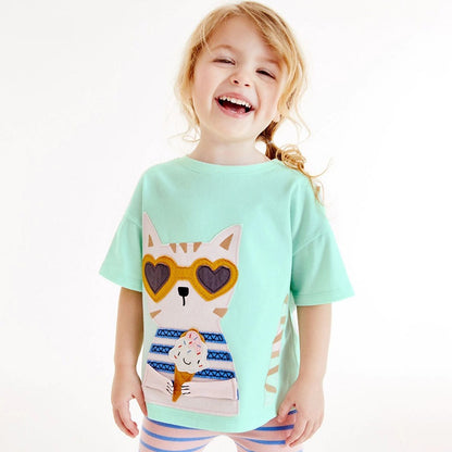 Colección de ropa de verano para niñas: camiseta infantil con estampado de gato y dama de moda 