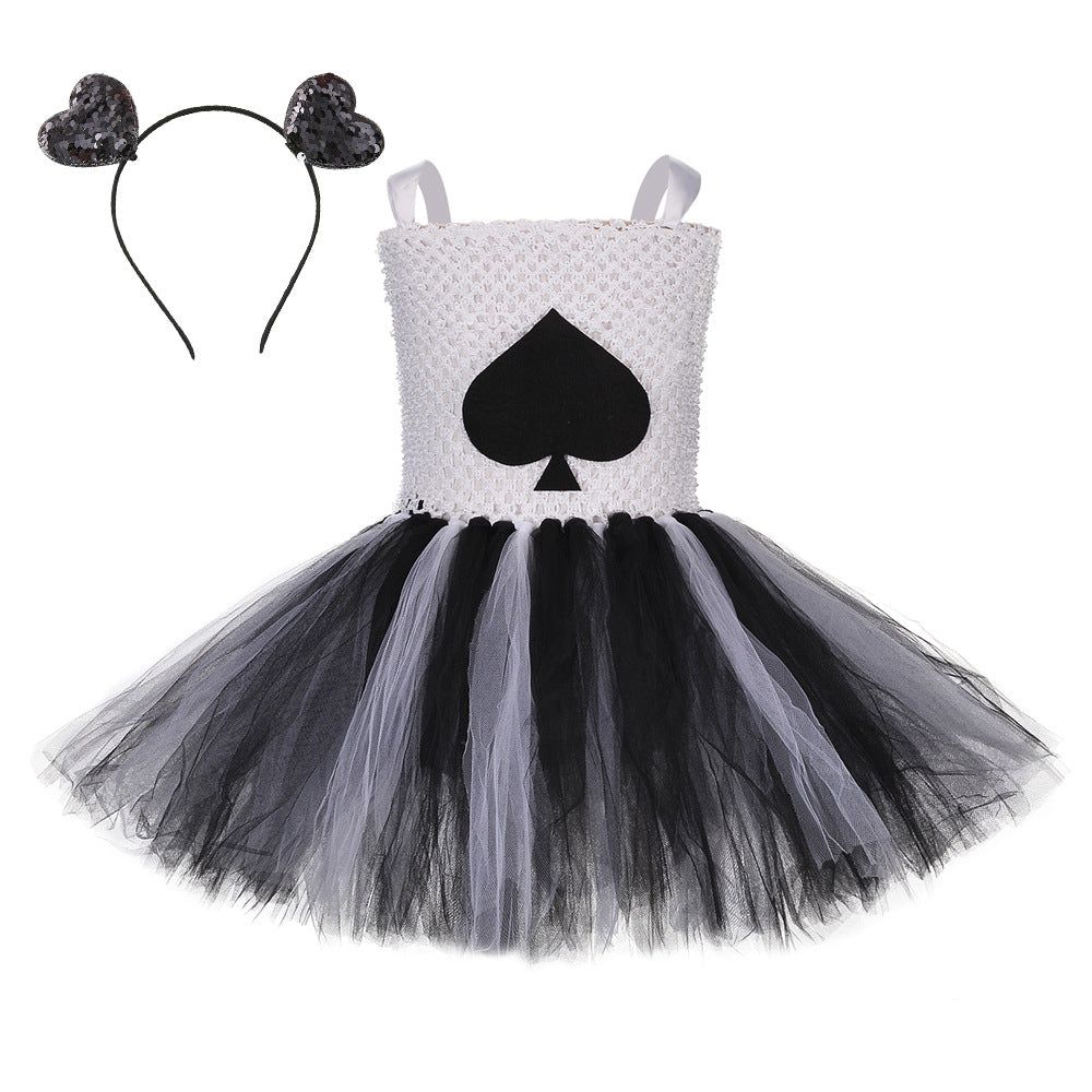 Children Girls’ Halloween Costume Set: Sleeveless Herringbone Pattern Tulle Patchwork Dress with Accessory – Sets