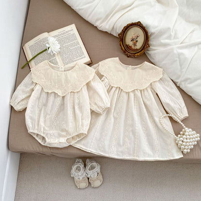 Mono y vestido de manga larga con bordado floral en color beige para niñas de primavera: conjunto a juego para hermanas princesas