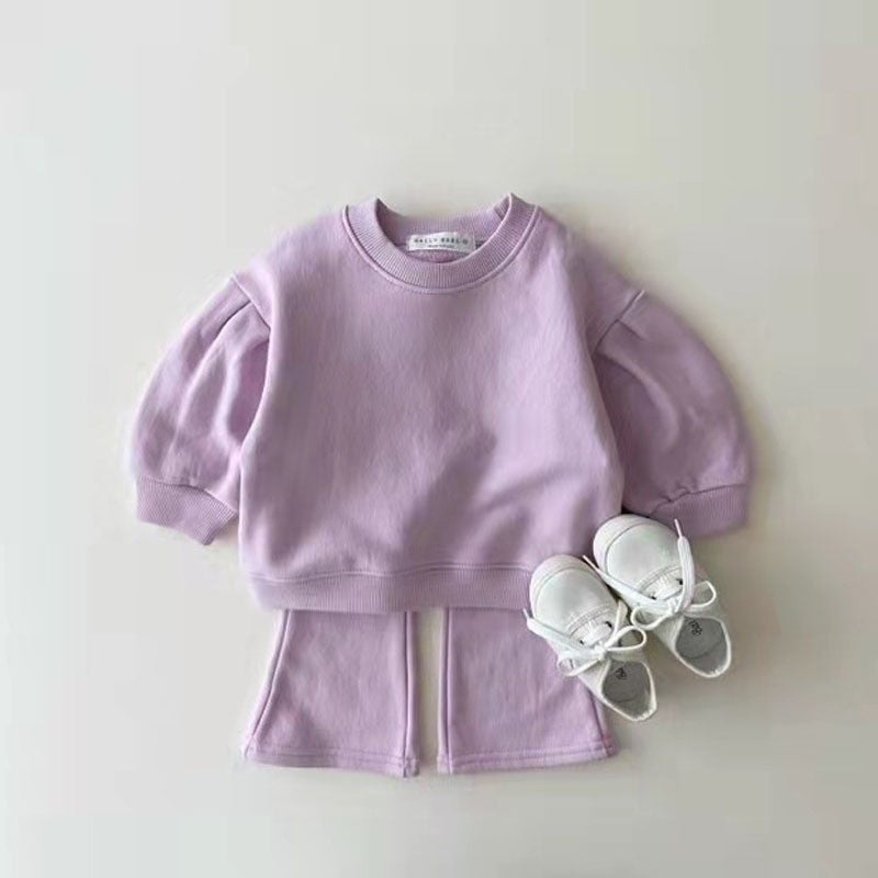 Conjunto de ropa unisex de otoño para bebés y niños, informal, de color sólido, de manga larga y pantalones acampanados 