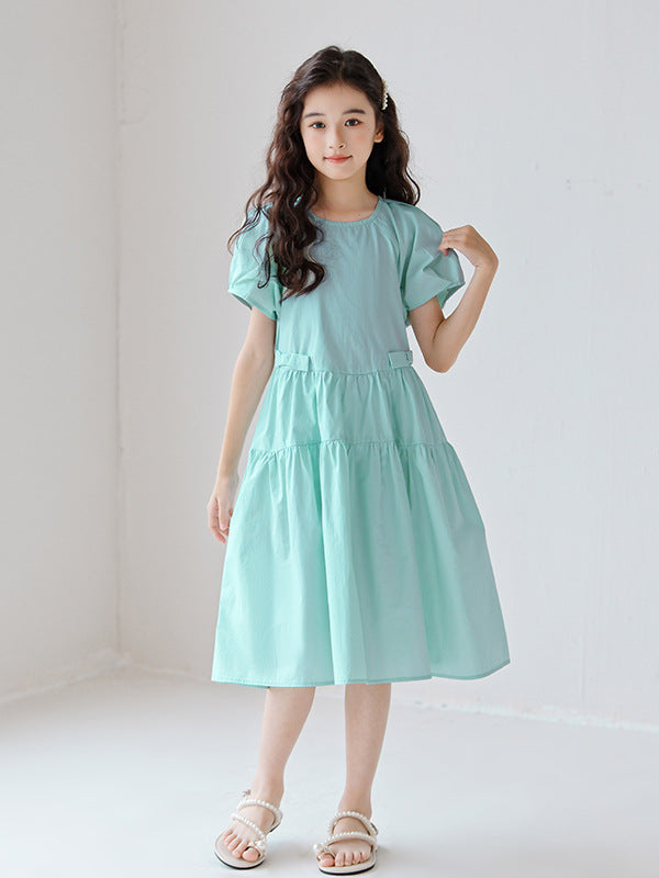 Hot Selling Summer Kids Girls Simple Style Solid Color Plain Cotton Short Sleeves Green Dress