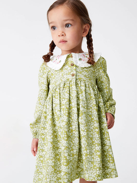 Vestido de princesa de manga larga con cuello Peter Pan y estampado floral bordado para niñas de otoño 