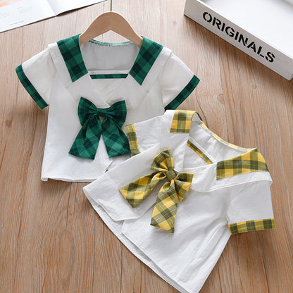 Summer New Design Baby Kids Girls Geometric Argyle Pattern Square Neck Short Sleeves Preppy Tops