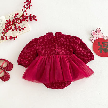 Winter Arrival Baby Girls Cute Floral Embroidered Red Long Sleeves Tulle Onesies