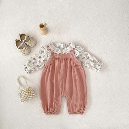 Arrival Autumn Baby Girls Floral Print Long Sleeves Top And Pink Strap Overalls Romper Clothing