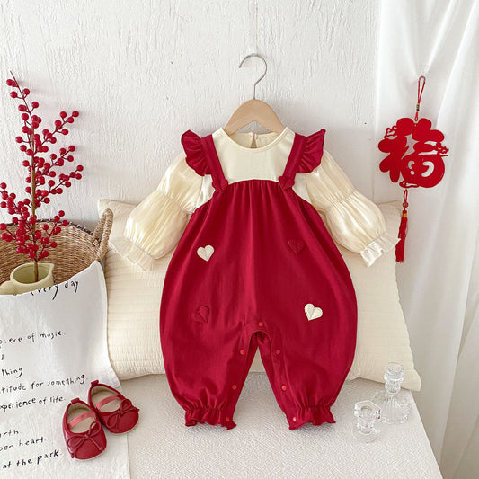 Spring Arrival Baby Girls Long Sleeves Heart Pattern Red Rompers