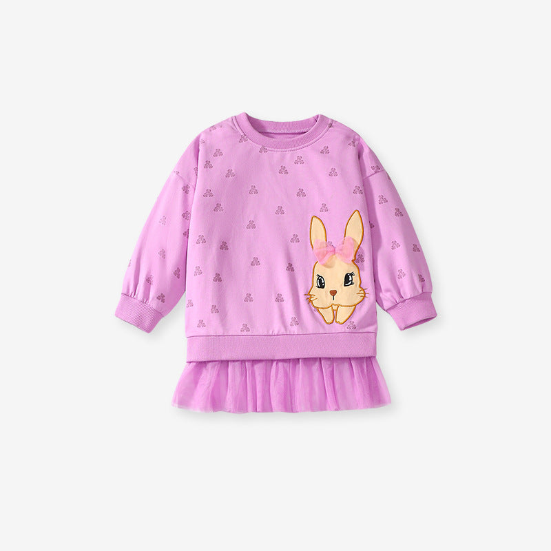 Spring And Autumn Girls Cute Cartoon Rabbit Pattern Long Sleeves Top Dress And Pants Clothing Set