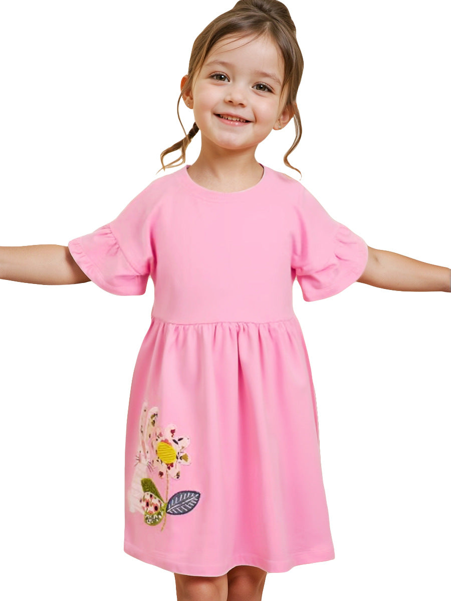 Summer Pink Dress for Girls, European and American Cute Animals Cartoon Pattern Dress