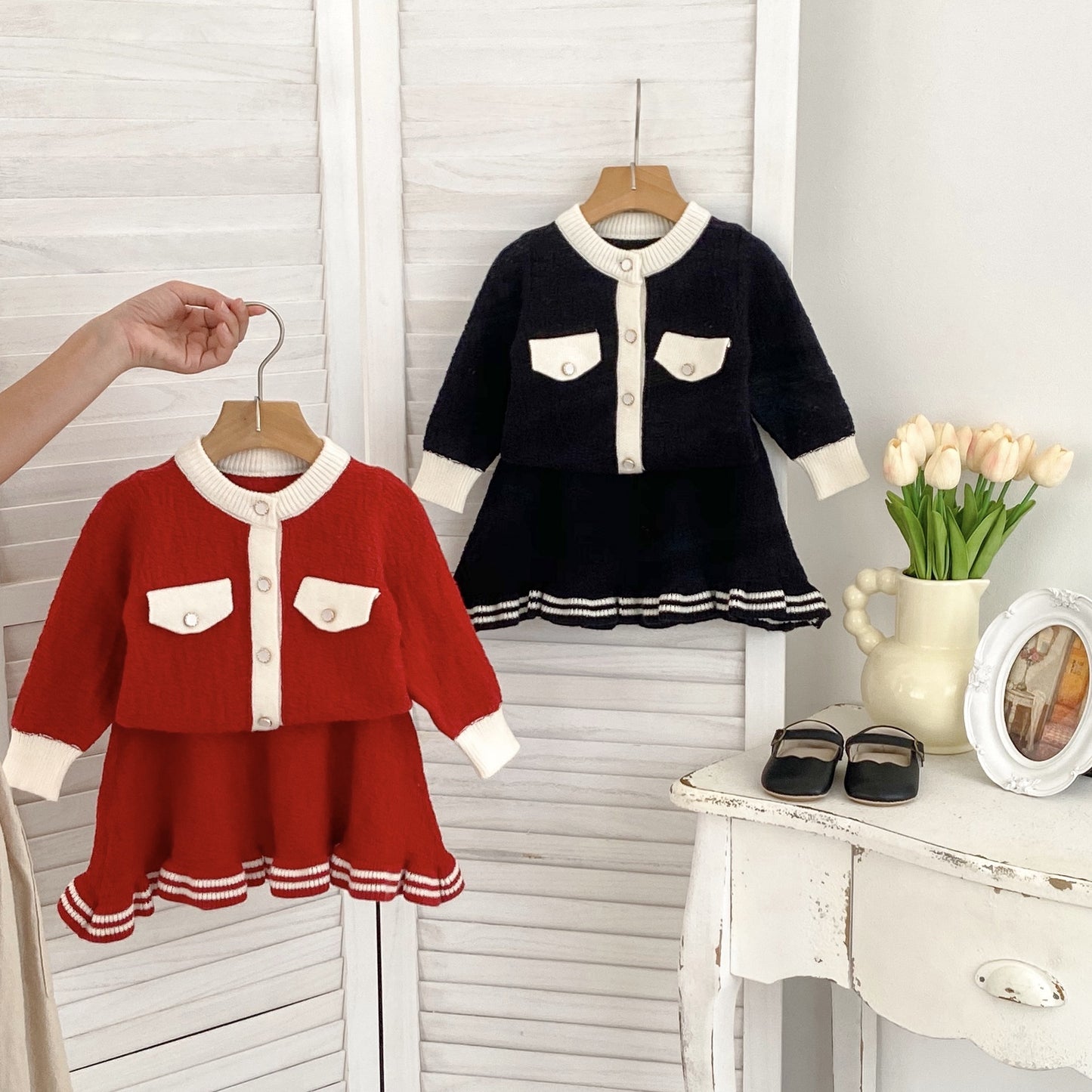 Arrival Autumn Baby Girls Long Sleeves Simple Color Patchwork Knitted Cardigan and Skirt – Clothing Set