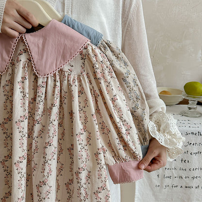 Vestido de manga larga con cuello y estampado floral de rombos para niñas de estilo francés de otoño 