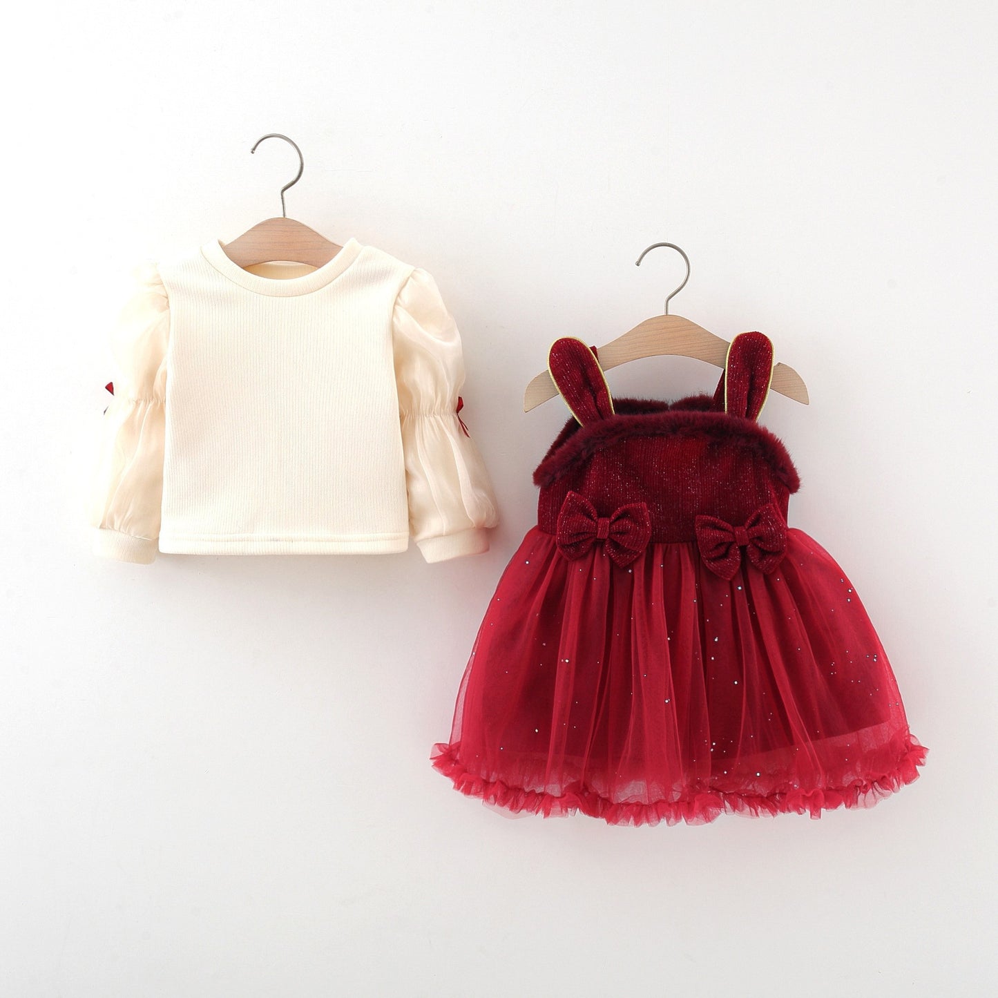 Autumn and Winter New Arrival Baby Girls Long Sleeves Crew Neck Top and Rabbit Design Dress